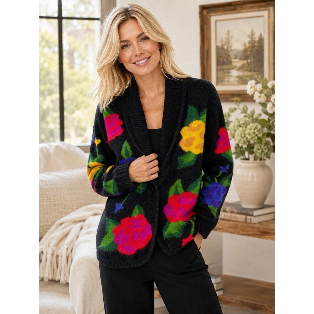 VTG Fluffy Angora Cardigan Sweater Painterly Floral Op-Art To Wear 80’s 90’s L
